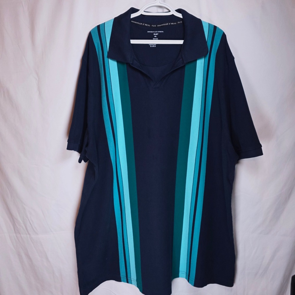 Shaquille O'Neal XLG Polo Shirt Mens 4XL Navy Blue Vertical Stripe RN 93677